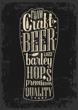 Typography poster. Beer glass on dark paper background. Lettering text in silhouette mug