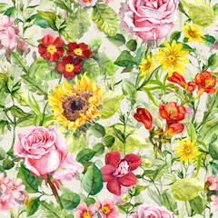 Obrazy na Szkle  Kwiaty polne, zioła polne. Vintage kwiatowy wzór. Akwarela