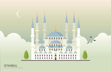 Vector illustration of historic building in Istanbul, Turkey. Sultan Ahmed Mosque flat style