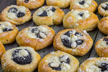 Czech Traditional Poppy Pies with Almond, Curd and Plum Jam on o