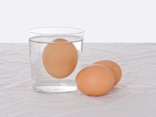 Testing fresh eggs - rotten one, floating in water. Salmonella risk.