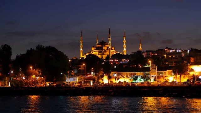 istanbul cityscape skyline at night blue mosque illuminated in the background