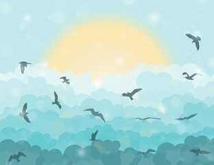 Cartoon flying birds in clouds on sun and cyan shining sky background. Vector illustration