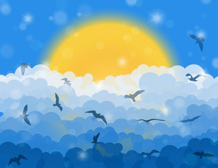 Cartoon flying birds in clouds on sun and blue shining sky background. Vector illustration