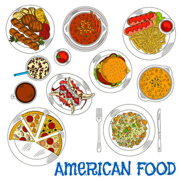 American fast food and grilled dishes sketch icon