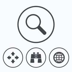 Magnifier glass and globe signs. Fullscreen.