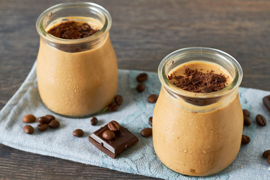 Coffee and chocolate dessert in a glass jar
