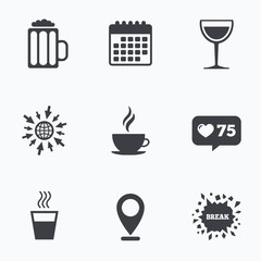 Drinks signs. Coffee cup, glass of beer icons.