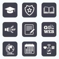 Pencil and open book signs. Graduation cap icon.