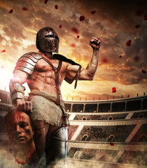 Bloody gladiator holding dead man's head.