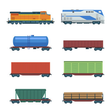 Set of railroad freight cars. Collection of rail freight wagons. Railway locomotive. Simple, flat style. Graphic vector illustration.