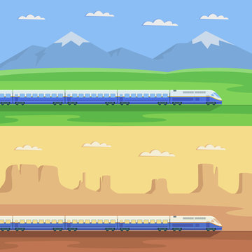 Express train, passenger train. Railway locomotive, passenger wagons. Simple, flat style. Graphic vector illustration.