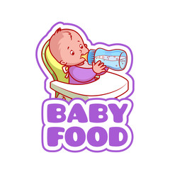 Cute kid in baby highchair with bottle of milk.