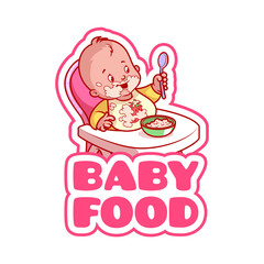 Cute kid in baby highchair with plate of porridge.