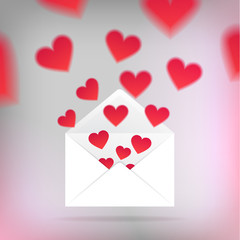 Valentine card template, opened envelope with cut hearts flying out.