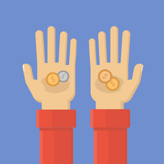 Coins in hand. holds coins. Low salary. Simple, flat style. Graphic vector illustration.