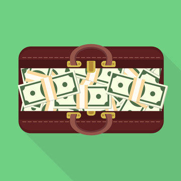 Open bag money. Suitcase full of dollars. Simple, flat style. Graphic vector illustration.