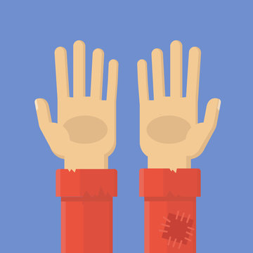 Give alms. He asks for help. Simple, flat style. Graphic vector illustration.