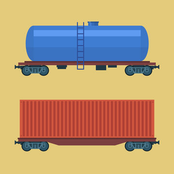 Boxcar. Freight railroad car. Container, tank railway carriage. Simple, flat style. Graphic vector illustration.