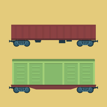 Boxcar. Freight railroad car. Container, tank railway carriage. Simple, flat style. Graphic vector illustration.