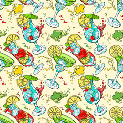 Cocktail. Refreshing drink. Splashes and drops. Seamless vector pattern (background).