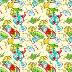 Cocktail. Refreshing drink. Splashes and drops. Seamless vector pattern (background).