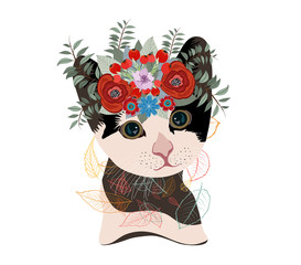 Cute card with lovely cat. Cat in a wreath of flowers