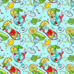 Cocktail. Refreshing drink. Splashes and drops. Seamless vector pattern (background).