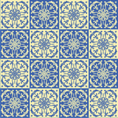 Hand drawing seamless pattern for tile in blue and yellow colors.