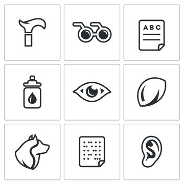 Vector Set of Disability Icons. Lameness, Blindness, Diagnostic, Prevention, Vision, Eye, Contact Lens, Guide, Braille, Deafness.