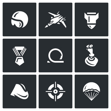 Vector Set of Air Force Icons. Pilot, Fighter, Bomb, Order, Loop, Joystick, Soldiers forage cap, Aim, Parachute.
