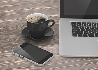 Laptop smartphone and coffee cup on wood. 3d rendering.