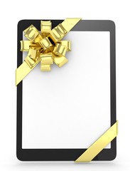 Black tablet with golden bow and empty screen. 3D rendering.