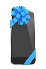 Black phone with blue bow. 3D rendering.