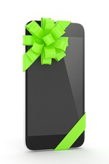 Black phone with green bow. 3D rendering.