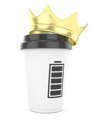Coffee cup with  golden crown and battery on white background. Concept of luxury royal coffee. 3D rendering.