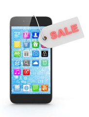 Smart phone with red sale label on white background. Best offer. Leader of sales. 3D rendering.