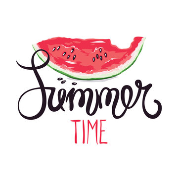 Funny summer hand drawing calligraphy/ Vector illustration with slices of watermelon