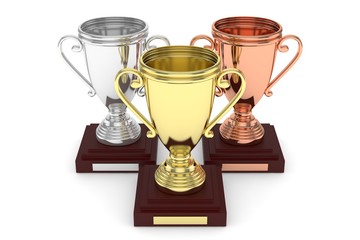 Three cups on white background. 3D rendering.