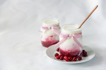 natural yogurt with cranberry jam in a jar on a white