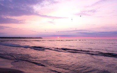 Beautiful purple sunset on the Baltic Sea