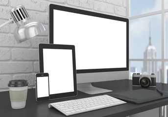 Responsive mockup screen. Monitor, tablet, phone on table in office. 3d rendering.