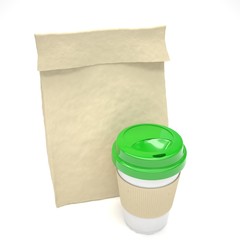 Coffee to go and lunch bag, on white. 3d rendering.