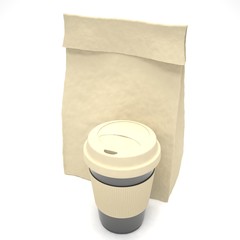 Coffee to go and lunch bag, on white. 3d rendering.
