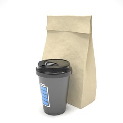 Coffee to go and lunch bag, on white. 3d rendering.