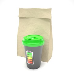 Coffee to go and lunch bag, on white. 3d rendering.