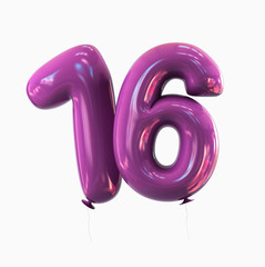 Sweet Sixteen - Number 16. balloon font. 3d rendering isolated on white background.