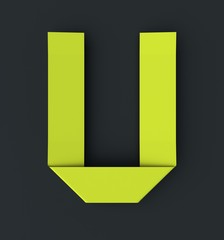 Origami paper font letter U. 3d rendering isolated on dark background