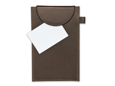 leather call card holder with blank white card on white.