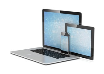 laptop, tablet, phone, on white. 3d rendering.